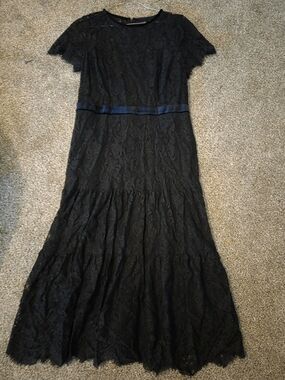 Ralph Lauren Black Lace Short-Sleeve Maxi Dress with Velvet Details